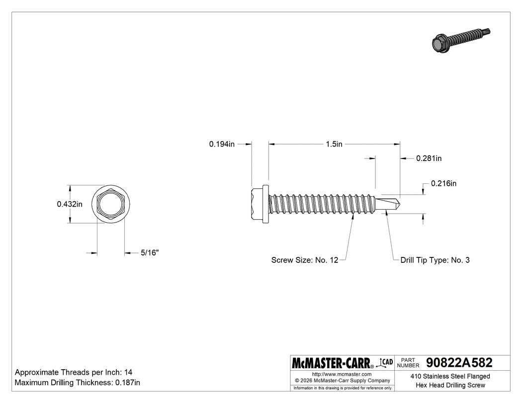 Technical Drawing of 410 Stainless Steel Flanged Hex Head Drilling Screw, Number 12 Screw Size, 1-1/2" Long.